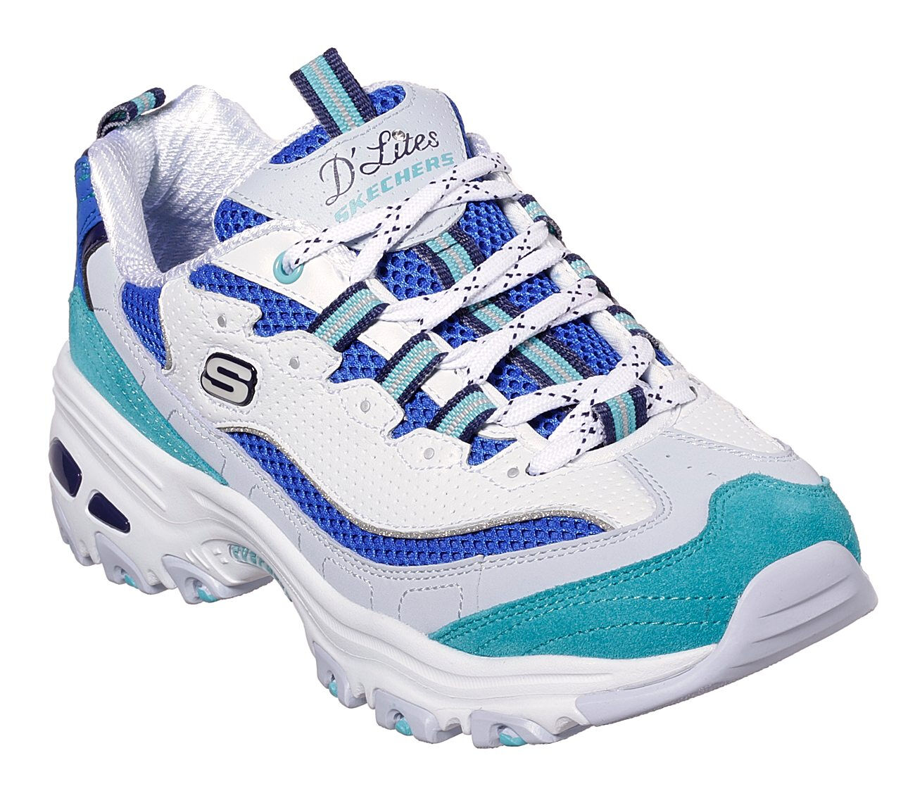 white and blue skechers