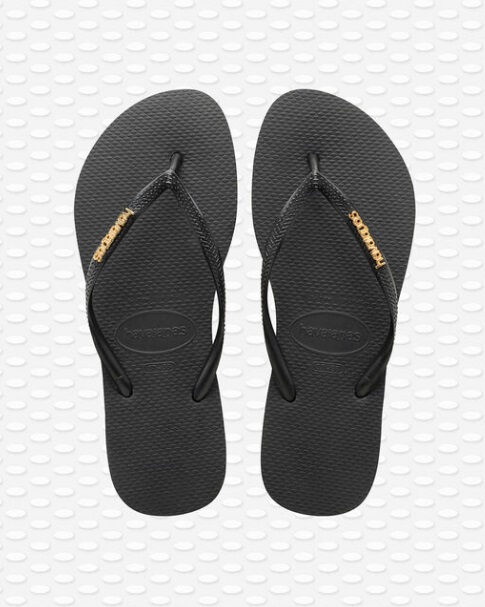 black and gold flip flops