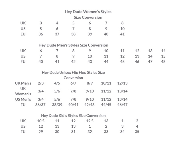 Hey Dude Shoes Size Chart